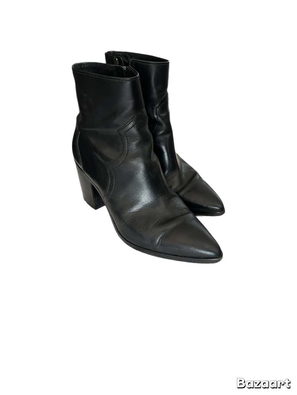 Frye Black Leather Pointed Toe Western Ankle Boots with Block Heel